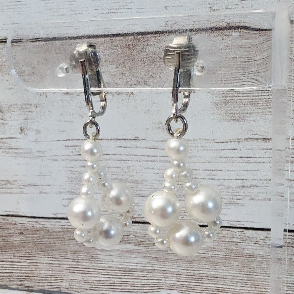 Vintage Clip On Earrings - Faux Pearl Beaded Dangle